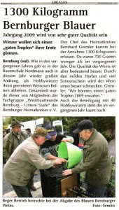 Pressebeitrag '1300 Kilogramm Bernburger Blauer' Wochenspiegel 28.10.2009